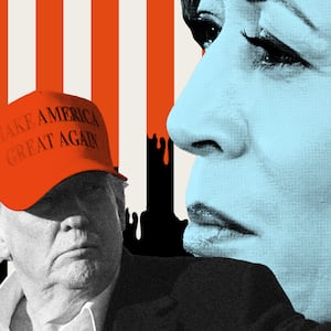 Donald Trump and Kamala Harris on a dripping American flag strip background