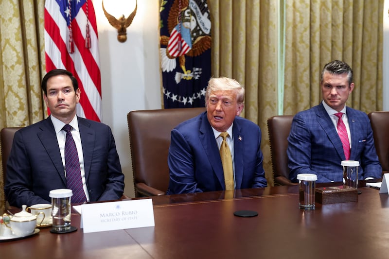 U.S. Secretary of State Marco Rubio, U.S. President Donald Trump and Defense Secretary Pete Hegseth attend a cabinet meeting at the White House in Washington, D.C., U.S., July 8, 2025.   REUTERS/Kevin Lamarque
