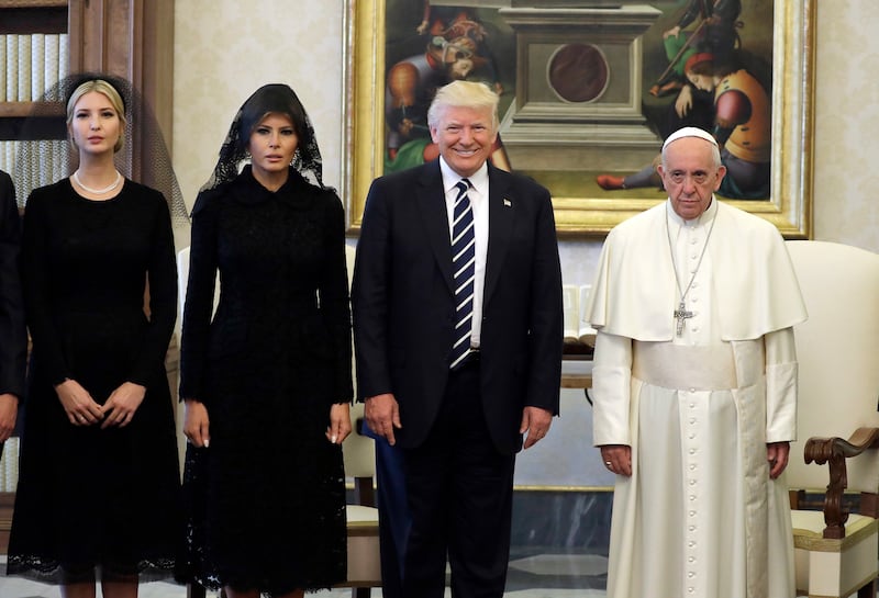 Pope Francis poses with President Donald Trump, First Lady Melania Trump and Ivanka Trump at the Vatican.