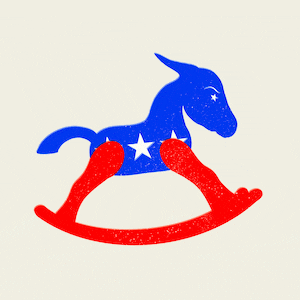 Angry rocking horse donkey in red and blue with white stars
