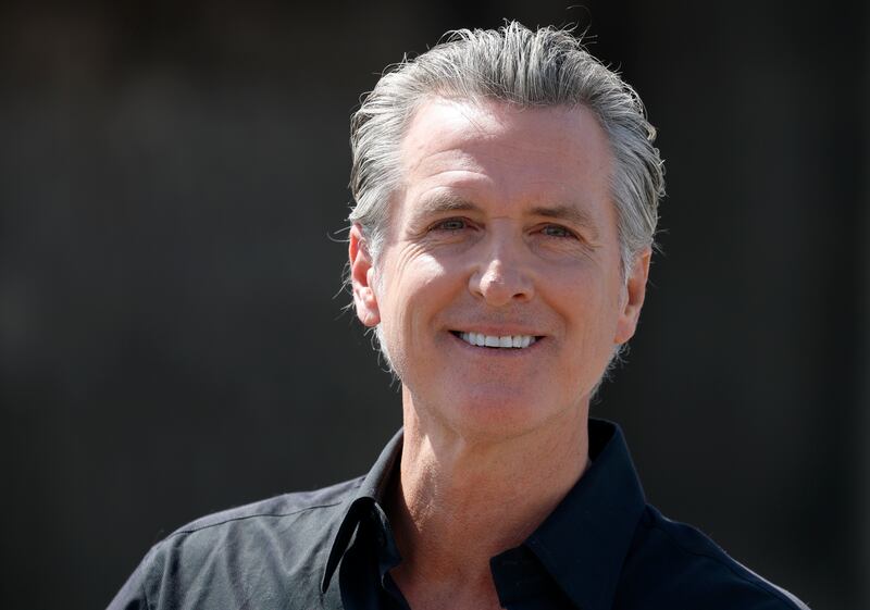 California Governor Gavin Newsom speaks during a news conference at Gemperle Orchard on April 16, 2025 in Ceres, California.