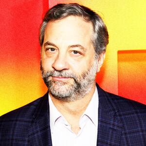 Photo illustration of Judd Apatow on a yellow and red background