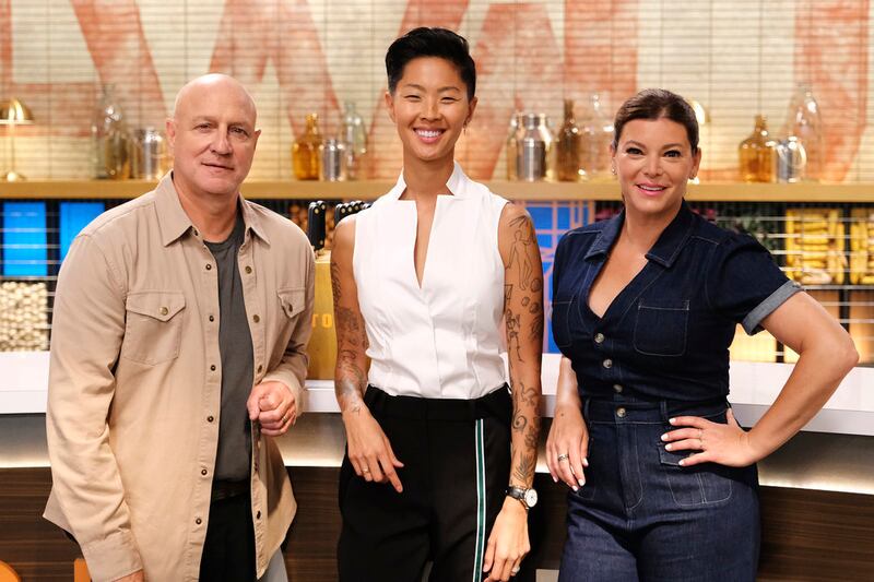 Photo still of Tom Colicchio, Kristen Kish, and Gail Simmons in Top Chef