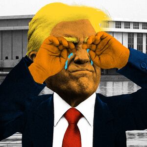 Illustration of Donald Trump rubbing his eyes and crying in front of the Kennedy Center in Washington, DC