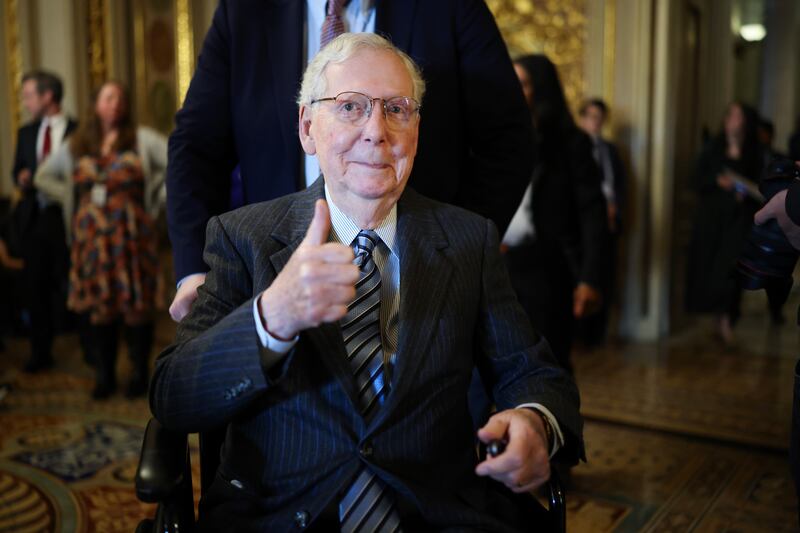 Sen. Mitch McConnell (R-KY)  leaves the Republican caucus lunch at the U.S. Capitol on March 13, 2025 in Washington, DC. He has announced his retirement.