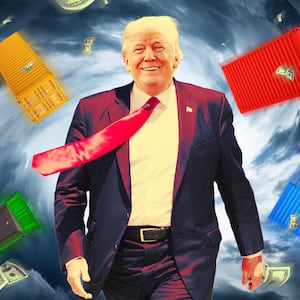 A photo illustration of Donald Trump in the middle of storm, flying money, and shipping containers.