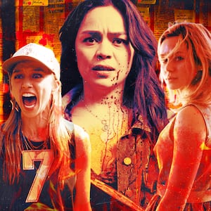 A photo illustration of Anna Lore, Kaitlyn Santa Juana, and Brec Bassinger in "Final Destination: Bloodlines."
