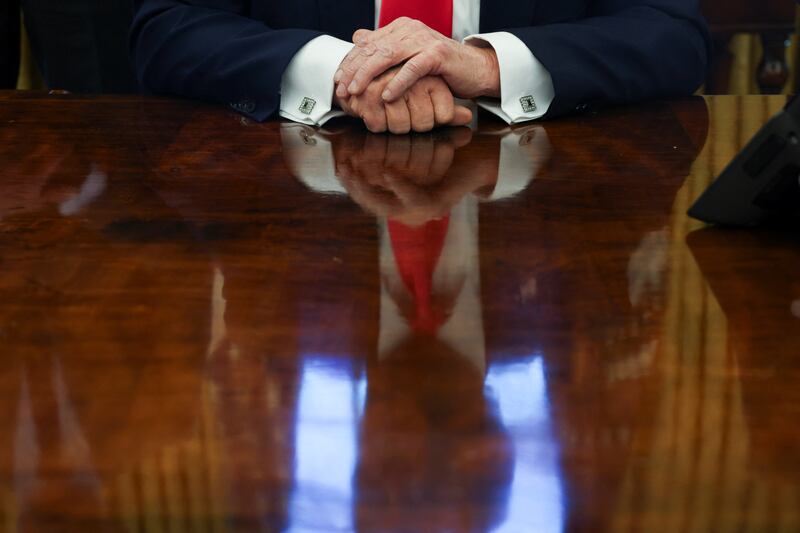 President Donald Trump is pictured in the Oval Office in Washington, D.C., on February 25, 2025.