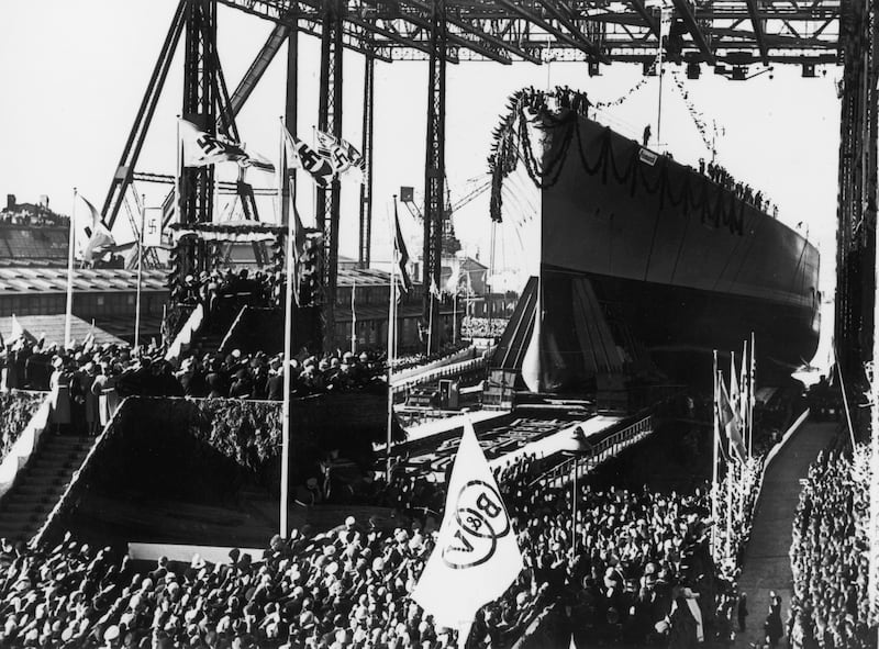 14th February 1939:  Adolf Hitler attends the launch of the 'Bismarck', Germany's first post-war 35,000 ton battleship, at the Blohm & Voss shipyard, Hamburg. She was named after the 'Iron Chancellor' Otto Von Bismarck, father of unified Germany.  (Photo by Keystone/Getty Images)