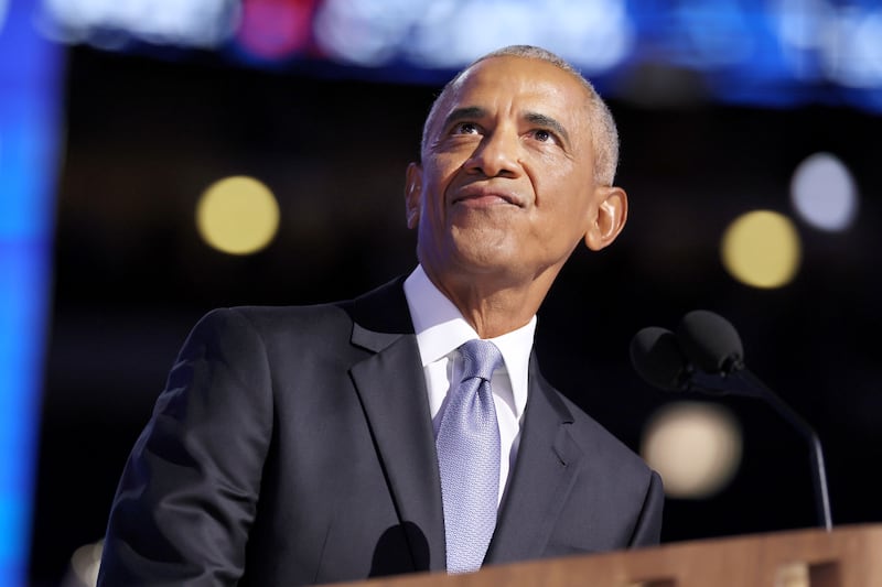 Barack Obama speaks during the Democratic National Convention Tuesday, Aug. 20, 2024, in Chicago. (Robert Gauthier/Los Angeles Times via Getty Images)