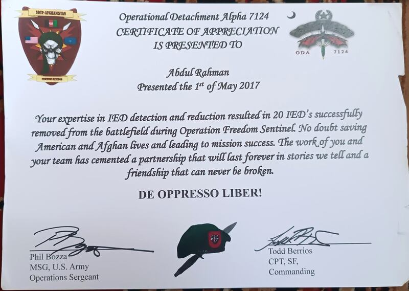 Abdul Rahman Waziri's certificate for successfully disposing of 20 improvised explosive devices in 2017.