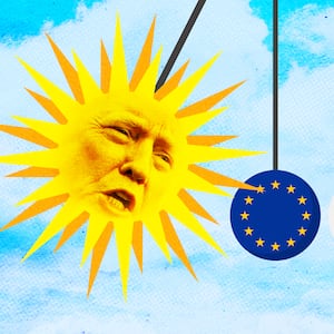 A photo illustration of a newton's cradle set of balls with a large spiky one with Donald Trump's face on it swinging into balls with the EU, Japan, UK, and Chinese flag on them.