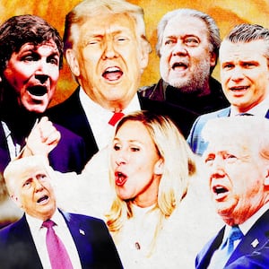 A photo illustration of Tucker Carlson, President Donald Trump, Marjorie Taylor Greene, Steve Bannon, and SecDef Pete Hegseth in front of an explosion.