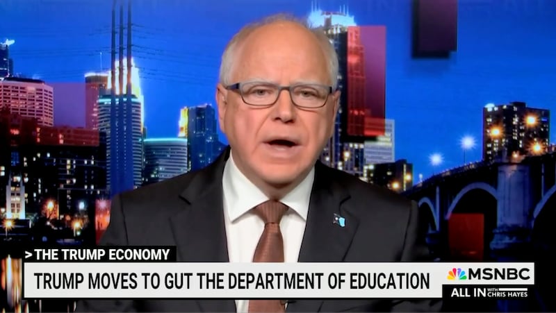 Minnesota Gov. Tim Walz, the Democratic nominee for vice president last year, talks about Trump and his trade wars, on MSNBC’s All In on Wednesday.