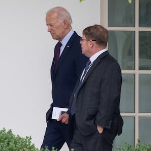 US President Joe Biden speaks with White House Physician Kevin O'Connor at the White House in 2023.
