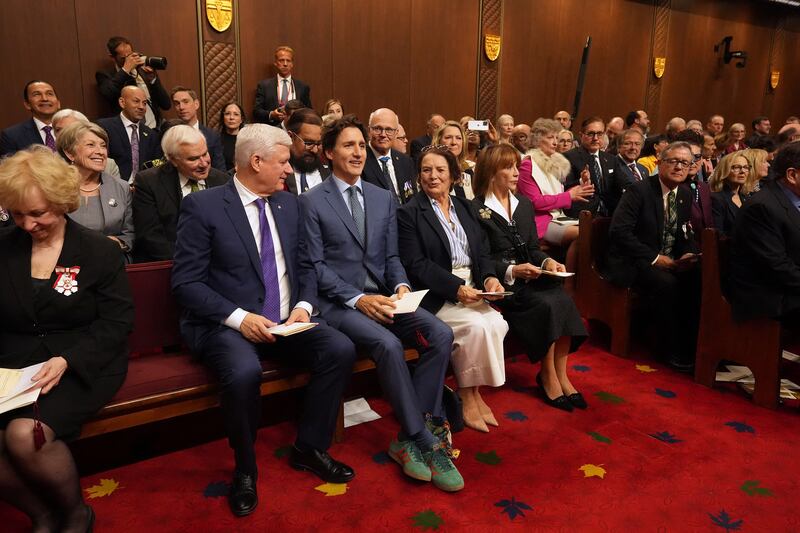 Canada's former Prime Ministers Stephen Harper and Justin Trudeau sat next to Margaret Trudeau ahead of King Charles delivering his Tuesday speech.