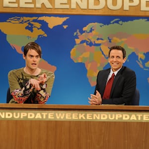 SATURDAY NIGHT LIVE -- Episode 1585 "Paul Rudd" -- Pictured: (l-r) Bill Hader as Stefon, Seth Meyers during "Weekend Update" -- (Photo by: Dana Edelson/NBCU Photo Bank/NBCUniversal via Getty Images via Getty Images)