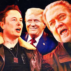 A photo illustration of Elon Musk, Donald Trump, and Steve Bannon.