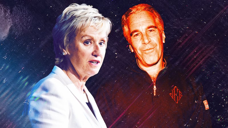 A photo illustration of Tina Brown and Jeffrey Epstein on a dark background.