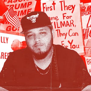 Kilmar Abrego Garcia with supporting protest signs collaged behind him