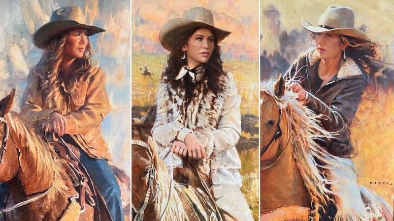 Split pic shows three paintings showing Kristi Noem on a  horse.