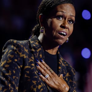 Former U.S. first lady Michelle Obama speaks during a campaign event for Democratic presidential nominee U.S. Vice President Kamala Harris at Wings Event Center in Kalamazoo, Michigan, October 26, 2024.
