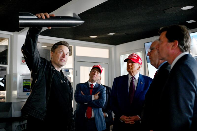 Elon Musk gives a tour to Donald Trump and lawmakers of the control room before the launch of the sixth test flight of the SpaceX Starship rocket on November 19, 2024 in Brownsville, Texas.