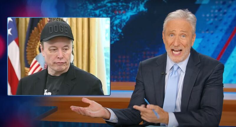 The Daily Show, Jon Stewart showing a pic of sad Elon Musk