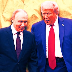 A photo illustration of Putin and Donald Trump on a yellow background.