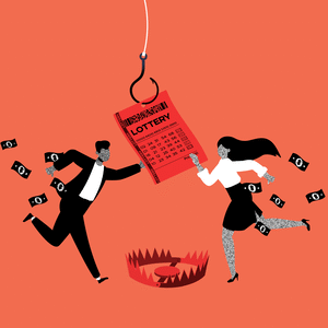 An illustration showing two people running after a hanging lottery ticket with a booby trap underneath