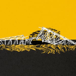 Photo illustration of the Francis Scott Key Bridge collapse in Baltimore, Maryland on a yellow and black background