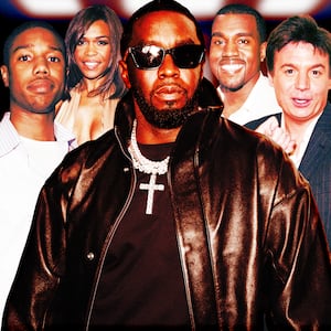 A photo illustration of Michelle Williams, Kanye, Sean Combs, Mike Myers, and Michael B. Jordan.