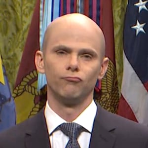 Mikey Day playing Stephen Miller and James Austin Johnson playing Donald Trump