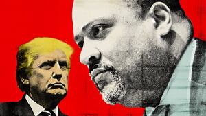 Photo illustration of Donald Trump and Alvin Bragg on a red background