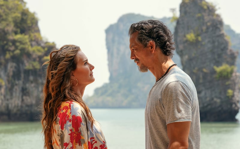 Brooke Sheilds and Benjamin Bratt stare at each other in a still from ‘Mother of the Bride’