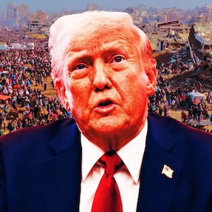 A photo illustration of Donald Trump and Palestinians in Gaza.