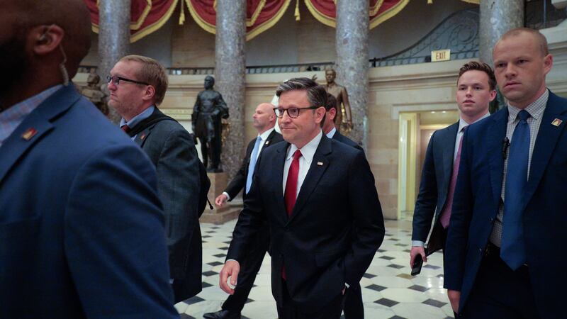 Mike Johnson en route to the House Chamber for the rules vote, which dragged on for hours.