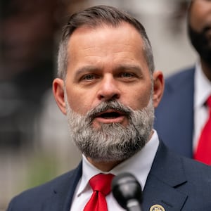 Representative Cory Mills  (R-FL) addresses the media outside of Manhattan Criminal Court on behalf of former President Donald Trump on May 14, 2024 in New York City.