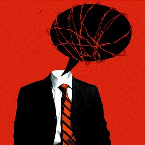 An illustration including a photo of a floating suit with a chat bubble wrapped in barbed wire