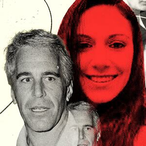 A photo illustration of Carolyn Andriano in red with Jeffrey Epstein and Ghislaine Maxwell in black and white.