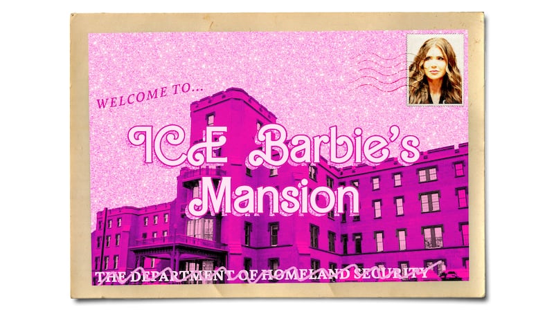 Vintage inspired postcard of a pink department of homeland security building having been renamed "ice barbie's mansion" and a stamp of kristi noem