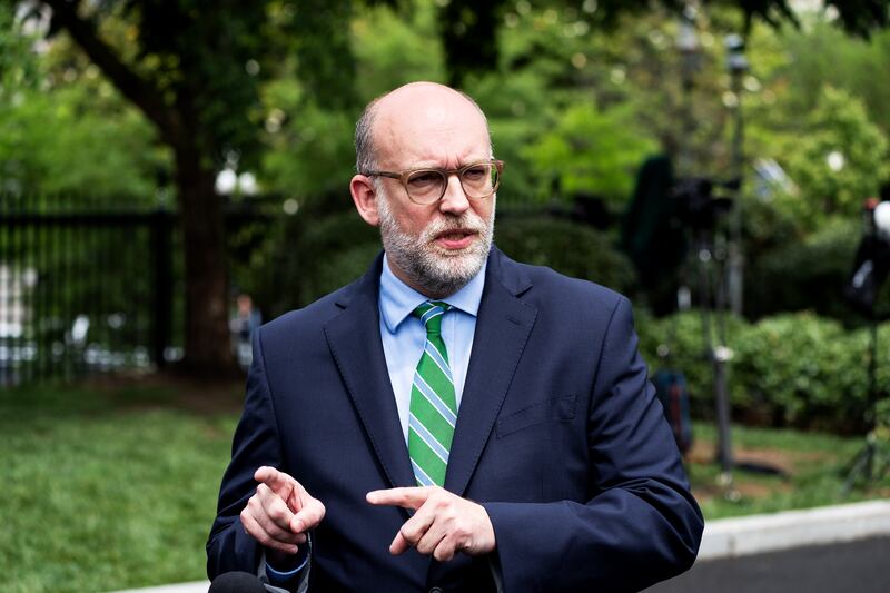 OMB Director Russ Vought speaks with the press outside of the West Wing at the White House on Thursday May 22, 2025.
