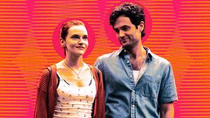 A photo illustration of Madeline Brewer as Bronte, Penn Badgley as Joe Goldberg in You.