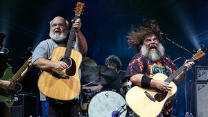 Kyle Gass, Jack Black, and bassist John Spiker of Tenacious D perform at PNC Music Pavilion on Sept. 6, 2023, in Charlotte, North Carolina.