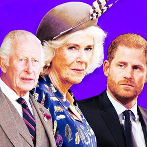 A photo illustration of King Charles, Queen Consort Camilla, and Prince Harry.
