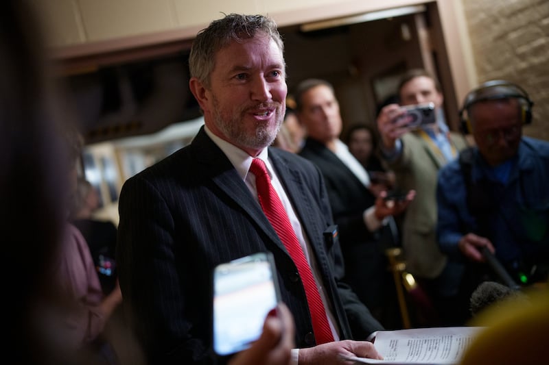 Rep. Thomas Massie (R-KY) speaks to reporters following a House Republican caucus meeting at the U.S. Capitol on February 25, 2025 in Washington, DC.