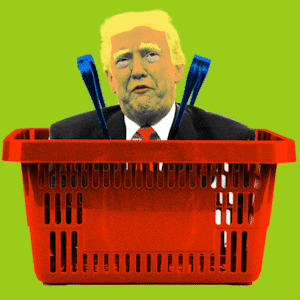 Photo illustration of Donald Trump appearing and disappearing in an empty grocery basket
