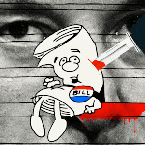 Bill from Schoolhouse Rock being stabbed in front of an image of Elon Musk