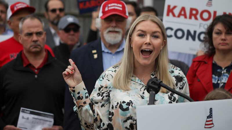 Londonderry, NH: Karoline Leavitt, a Republican candidate for the U.S. House, speaks at a press conference held at Esteys Country Store, Oct.18, 2022. (Cheryl Senter for The Washington Post via Getty Images)