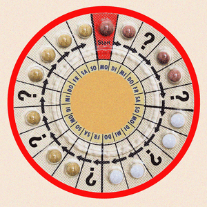 A gif showing a pack of birth control pills with question marks on it.
